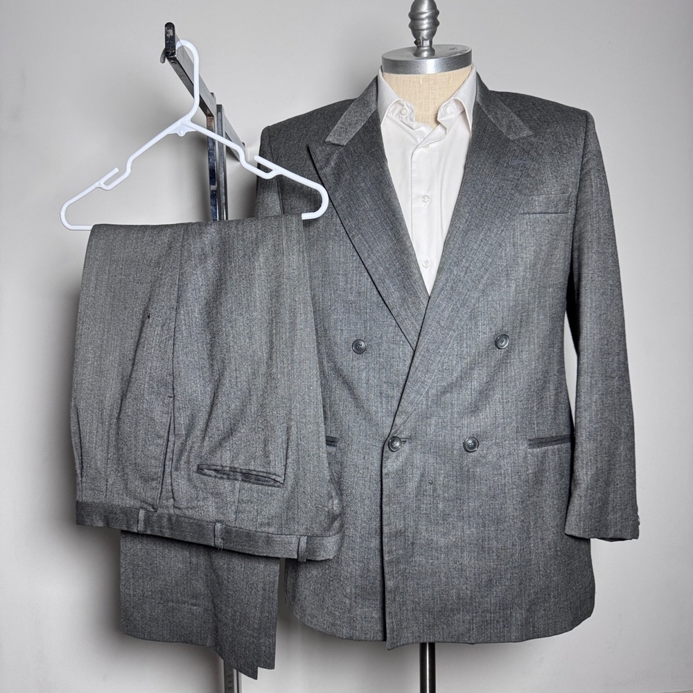 Raffinati Suit Mens 42R 36x30 Grey Solid Double Breasted Vintage Peak Lapel